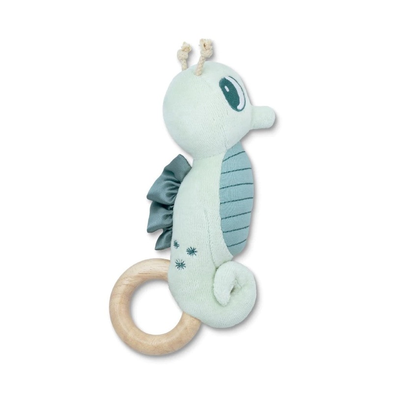 Organic Plush + Wood Teething Rattle – Teal Seahorse