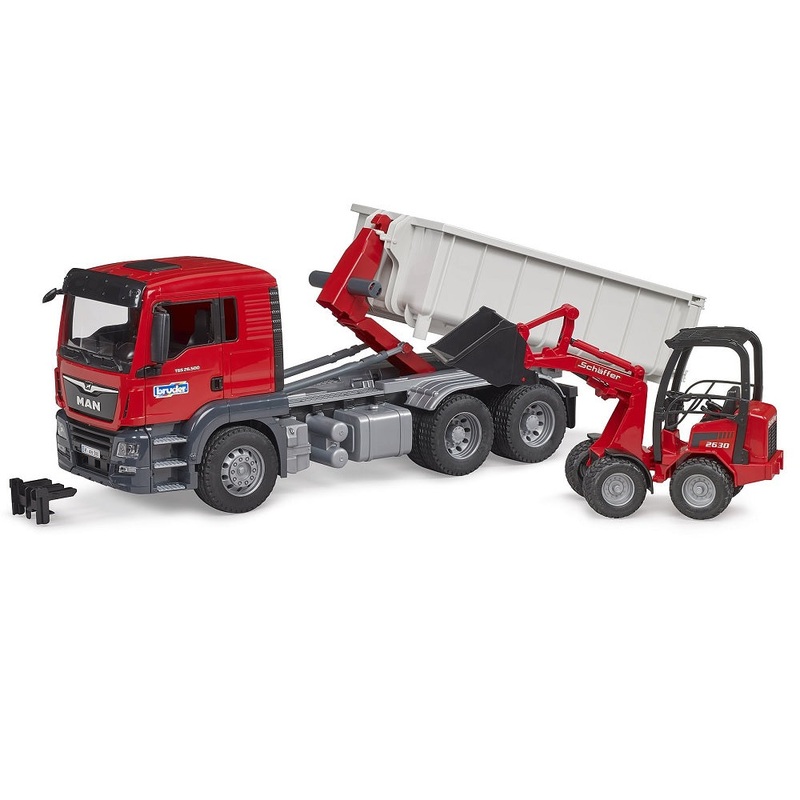Bruder MAN TGS Truck with Roll-Off Container and Schffer Yard Loader